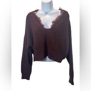 Tic Toc Ribbed Cropped Distressed Edge Fringed Pullover Sweater Large